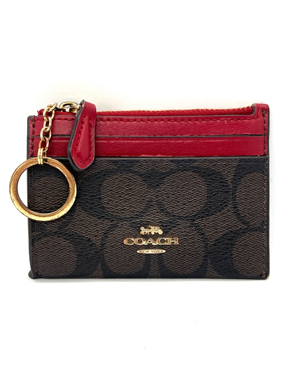 Coach Brown Signature Canvas Card Holder with Red Trim & Gold Key Ring